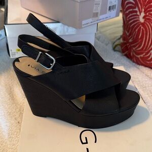 Via Spiga Black Leather Wedge Sandals
